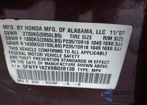 2008 Honda Pilot Vp из США, поврежденный, VIN 5FNYF182X8B028138